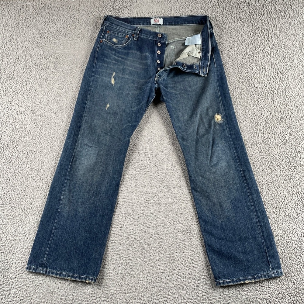 Levi's 501 Jeans Mens 36x30 Blue Original Straight Leg Button Fly Distressed